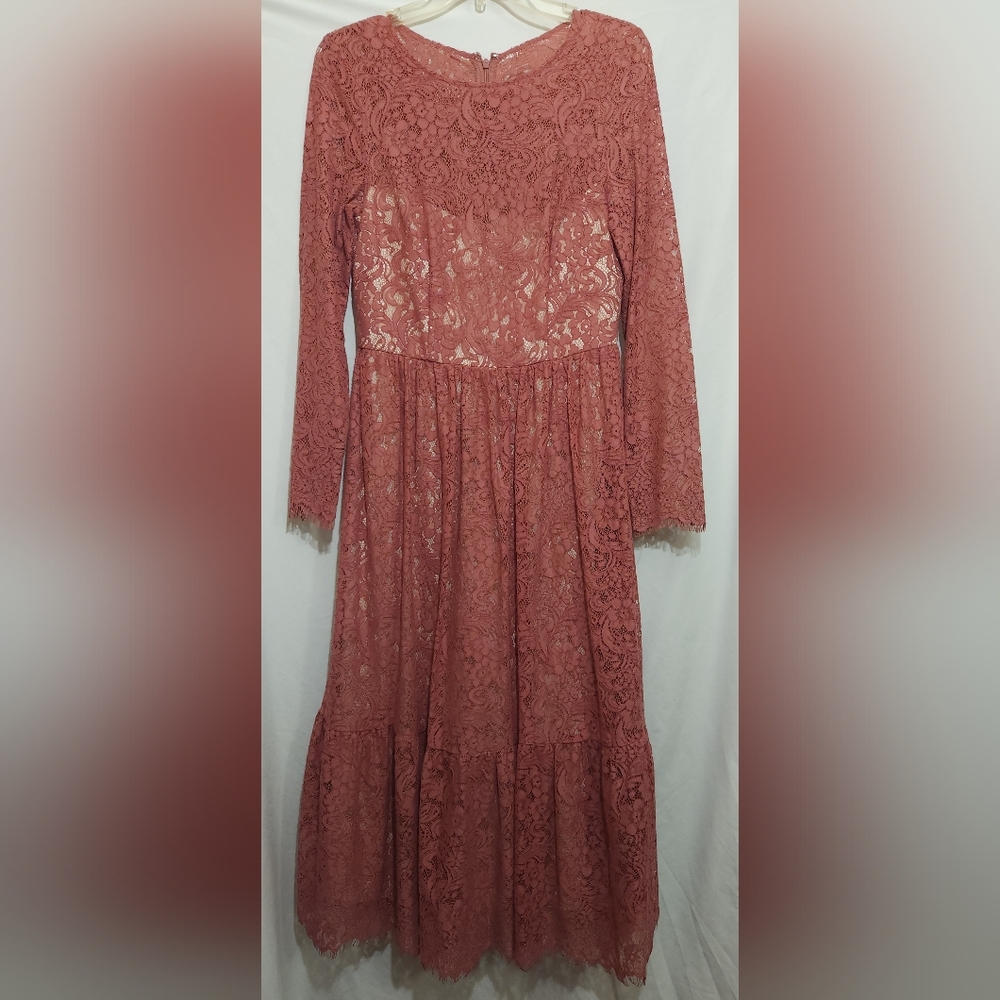 Adrianna Papell Dress Womens 4 Prairie Style Ruffle Mauve Lace Maxi Cream Slip